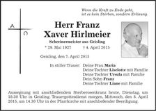 Traueranzeige Franz Xaver Hirlmeier