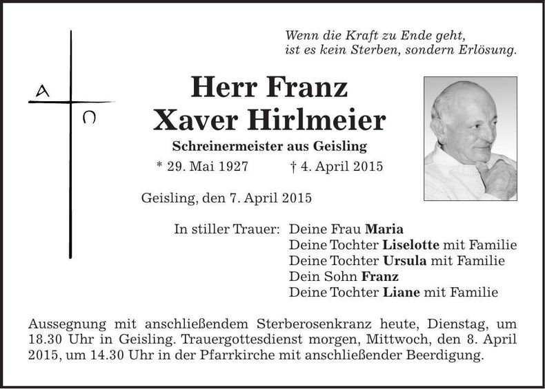Traueranzeige Franz Xaver Hirlmeier