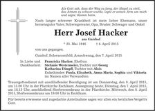 Traueranzeige Josef Hacker