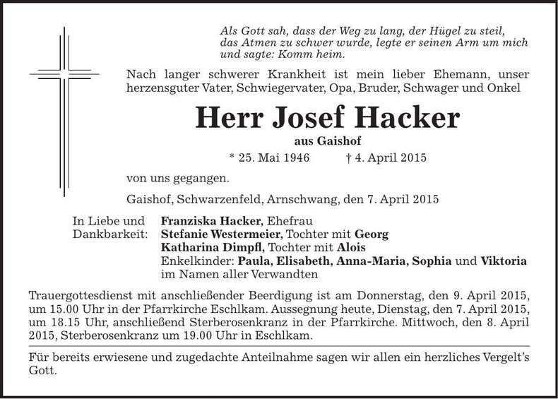 Traueranzeige Josef Hacker