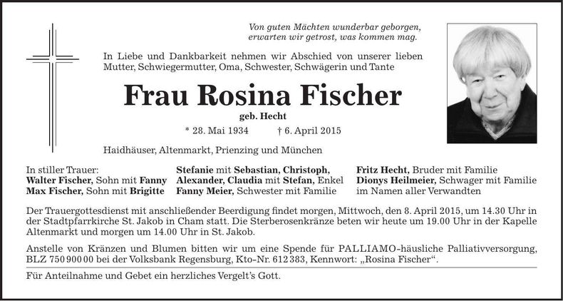 Traueranzeige Rosina Fischer