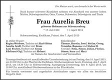 Traueranzeige Aurelia Breu