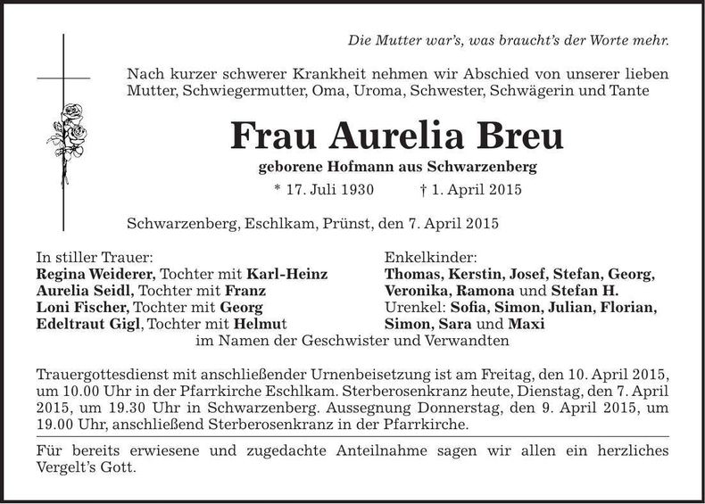 Traueranzeige Aurelia Breu