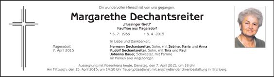 Traueranzeige Margarethe Dechantsreiter