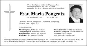 Traueranzeige Maria Pongratz
