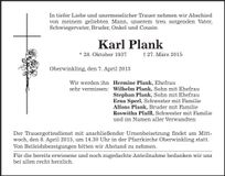 Traueranzeige Karl Plank