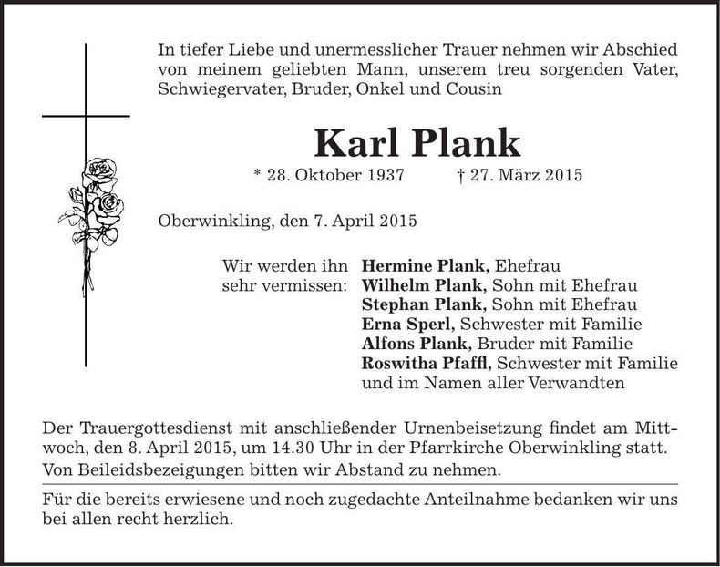 Traueranzeige Karl Plank