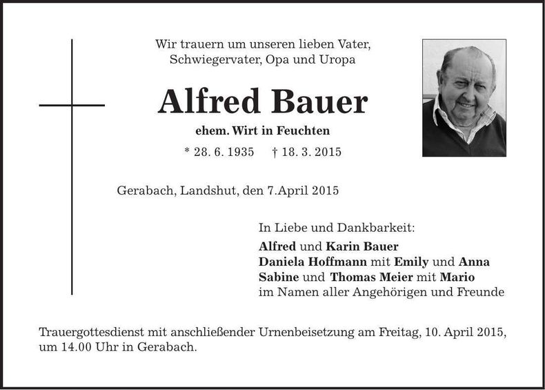 Traueranzeige Alfred Bauer