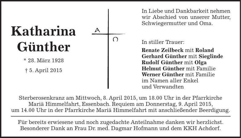 Traueranzeige Katharina Günther