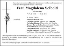 Traueranzeige Magdalena Seibold