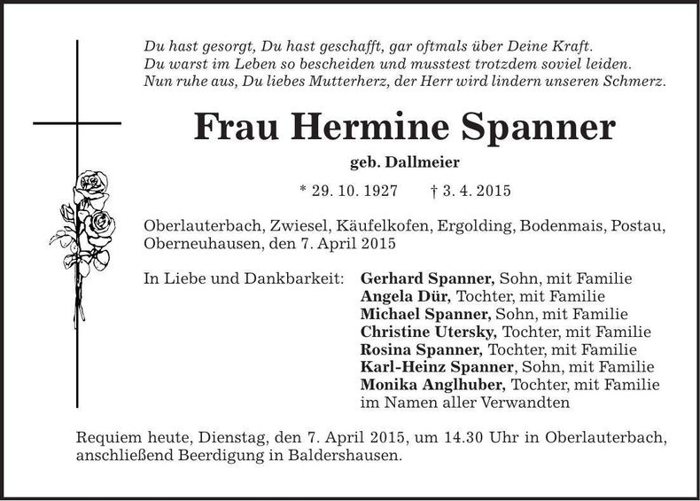 Traueranzeige Hermine Spanner