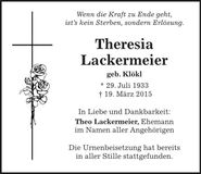 Traueranzeige Theresia Lackermeier