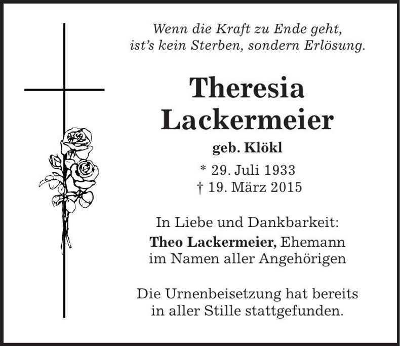 Traueranzeige Theresia Lackermeier