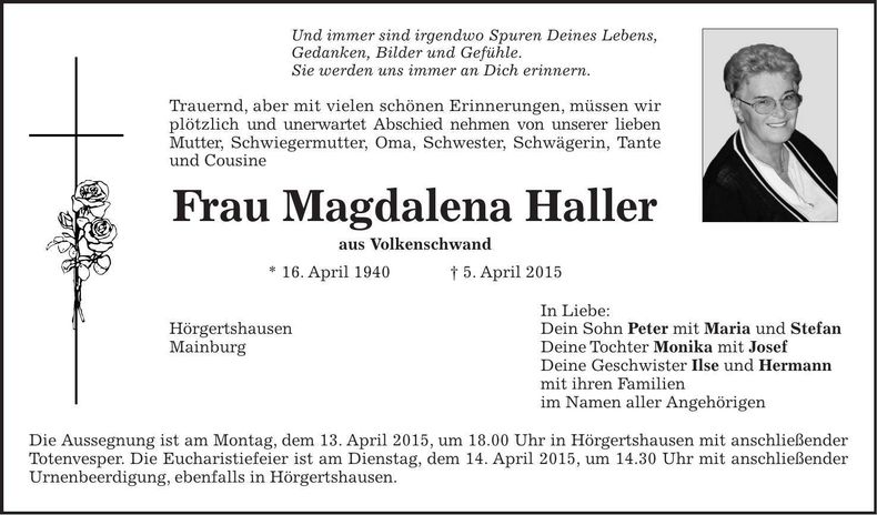 Traueranzeige Magdalena Haller