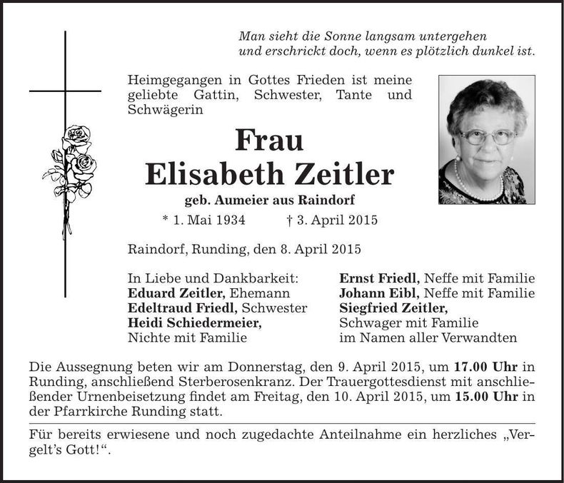 Traueranzeige Elisabeth Zeitler