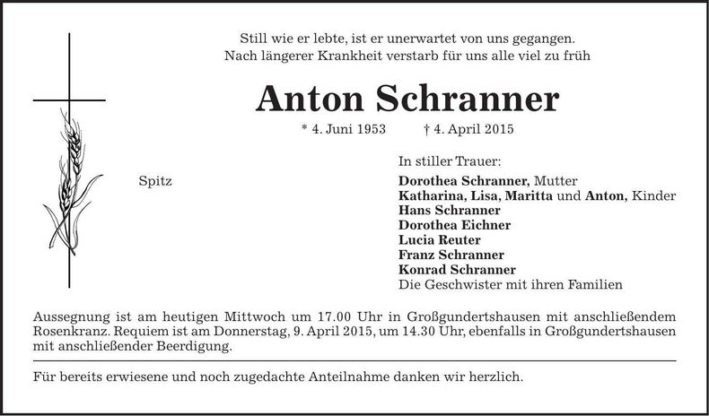 Traueranzeige Anton Schranner