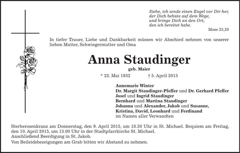 Traueranzeige Anna Staundinger