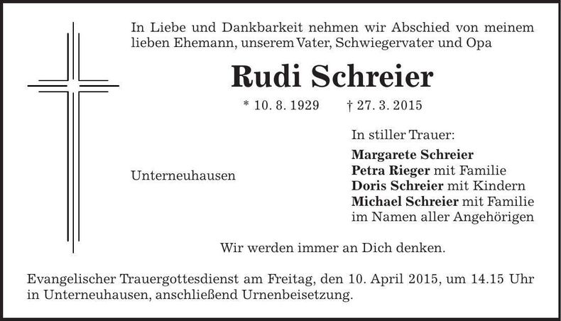 Traueranzeige Rudi Schreier