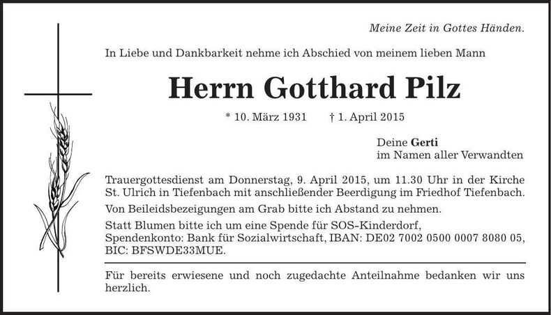 Traueranzeige Gotthard Pilz