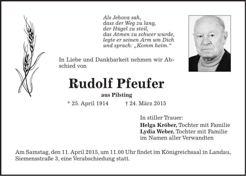 Traueranzeige Rudolf Pfeufer