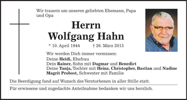 Traueranzeige Wolfgang Hahn