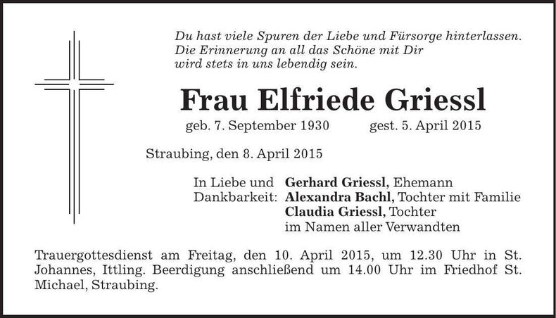 Traueranzeige Elfriede Griessl