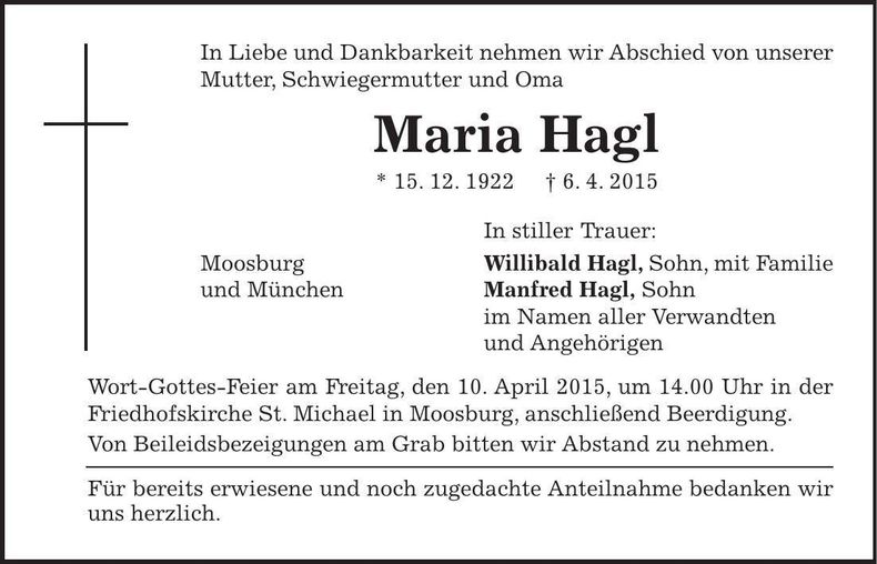 Traueranzeige Maria Hagl