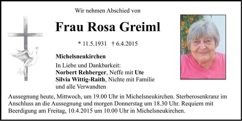Traueranzeige Rosa Greiml