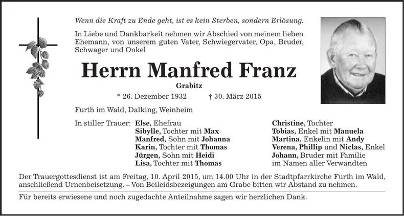 Traueranzeige Manfred Franz