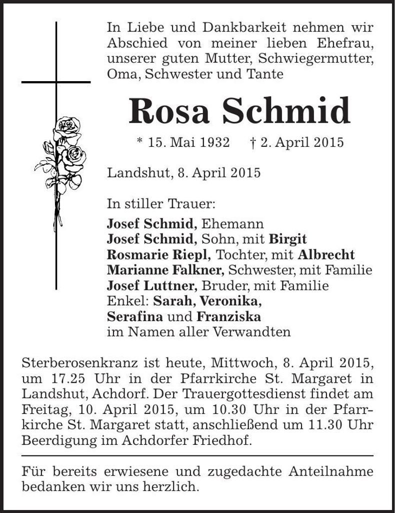 Traueranzeige Rosa Schmid