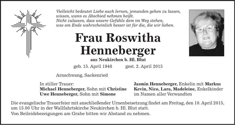 Traueranzeige Roswitha Henneberger