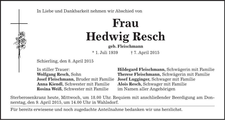 Traueranzeige Hedwig Resch