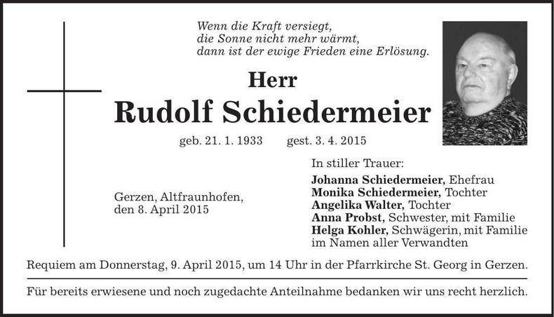Traueranzeige Rudolf Schiedermeier