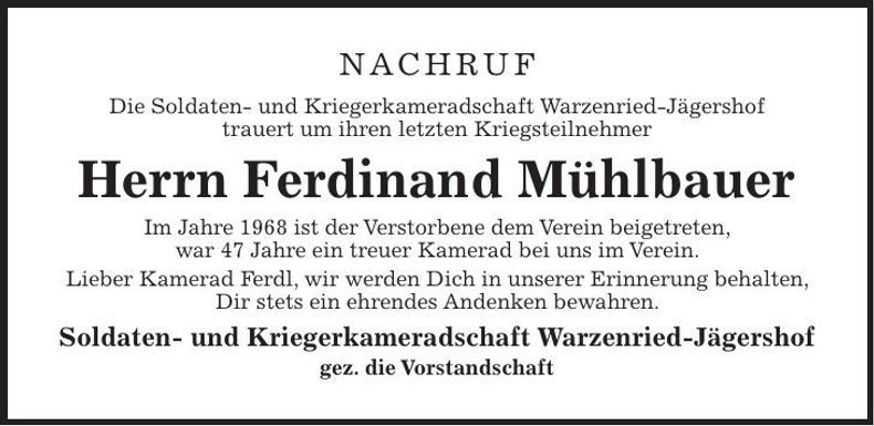 Traueranzeige Ferdinand Mühlbauer
