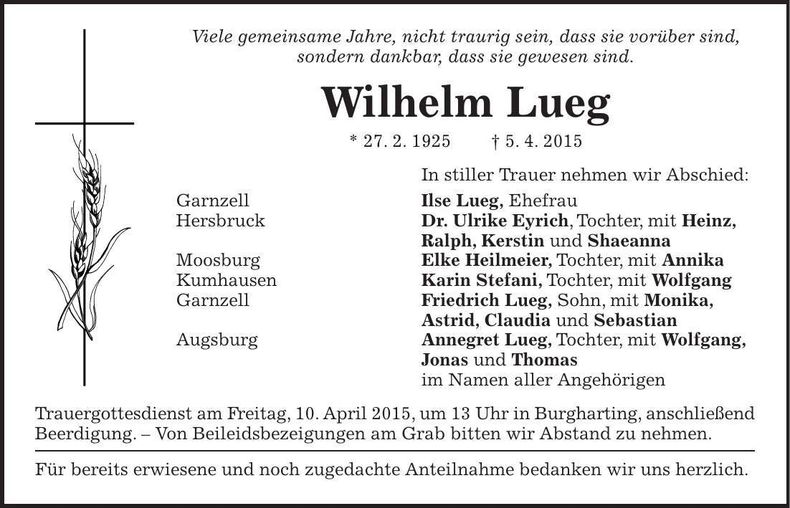 Traueranzeige Wilhelm Lueg