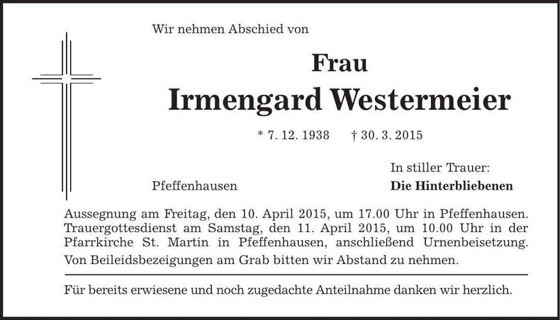 Traueranzeige Irmengard Westermeier