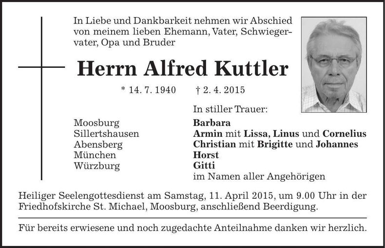Traueranzeige Alfred Kuttler