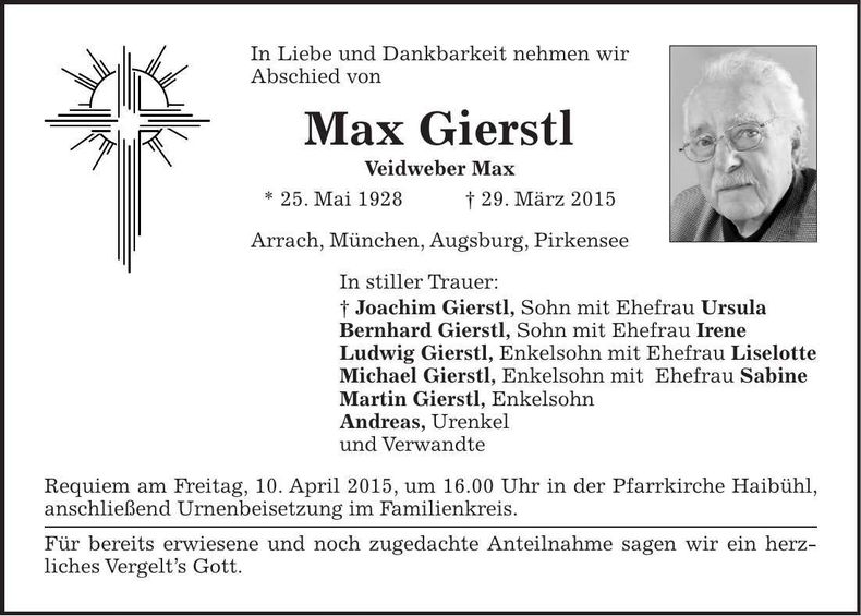 Traueranzeige Max Gierstl