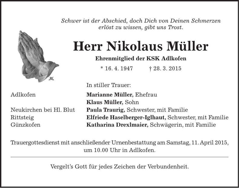 Traueranzeige Nikolaus Müller