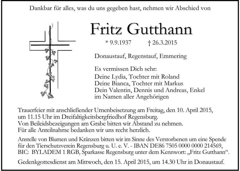 Traueranzeige Fritz Gutthann