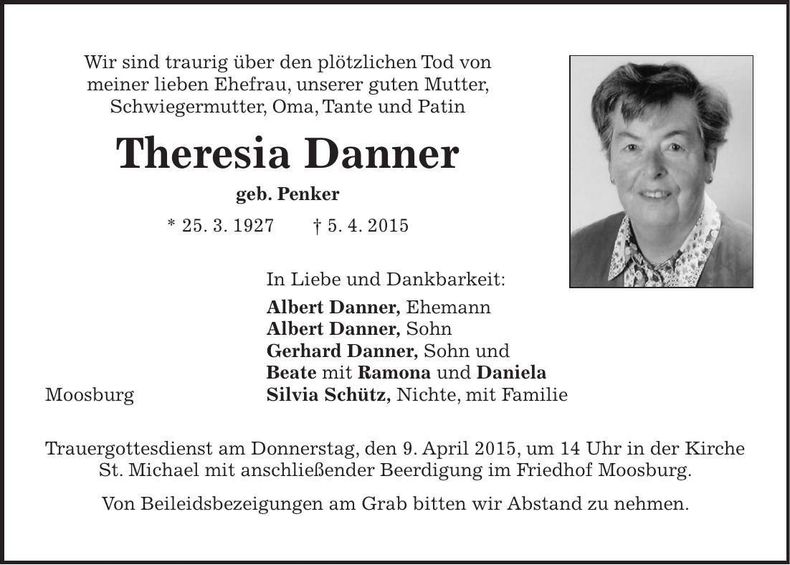 Traueranzeige Theresia Danner