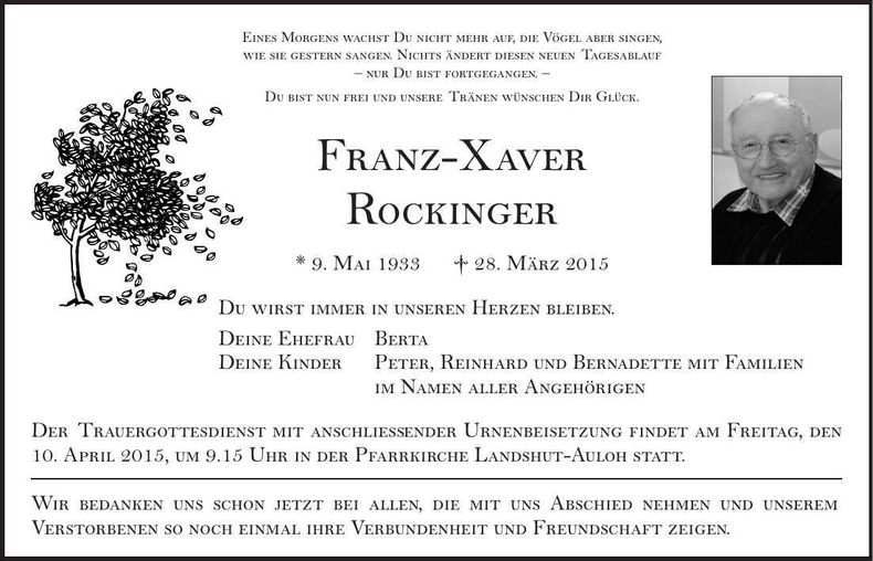 Traueranzeige Franz-Xaver Rockinger