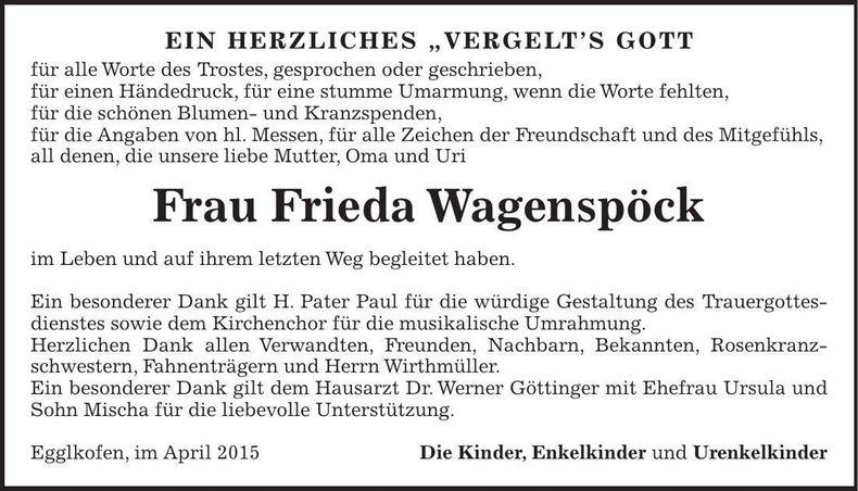 Traueranzeige Frieda Wagenspöck