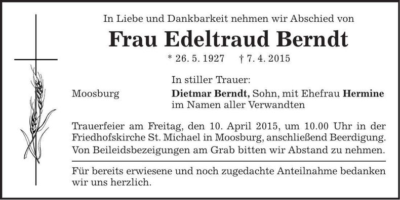 Traueranzeige Edeltraud Berndt