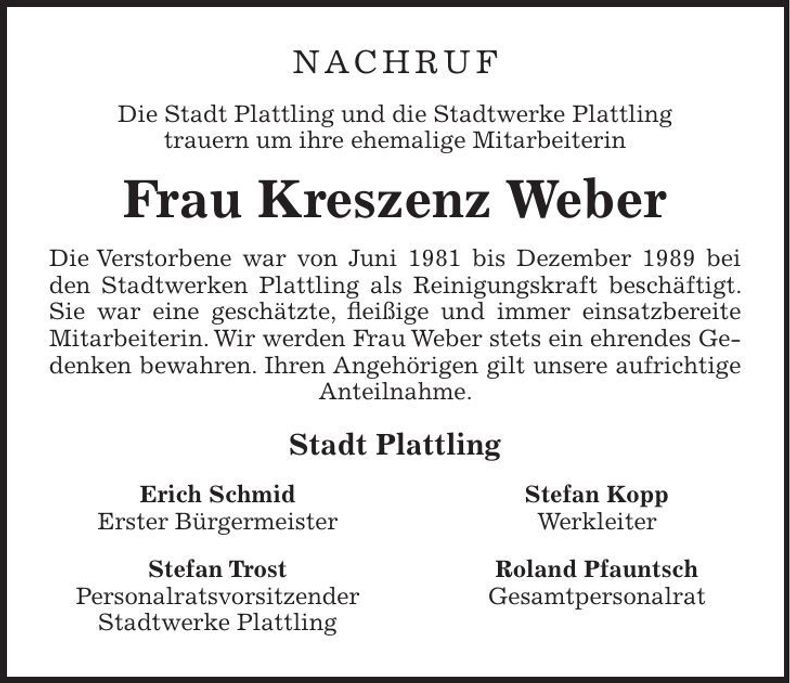 Traueranzeige Kreszenz Weber