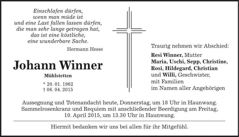 Traueranzeige Johann Winner