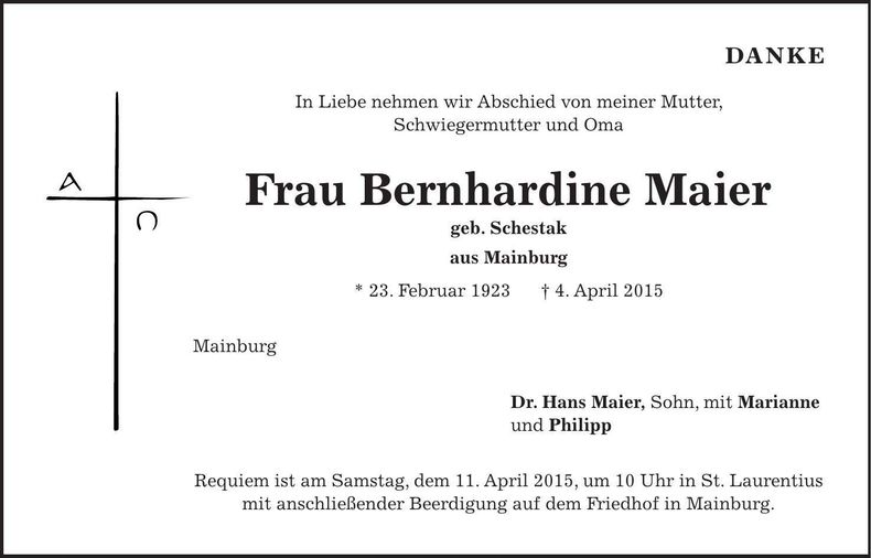 Traueranzeige Bernhardine Maier