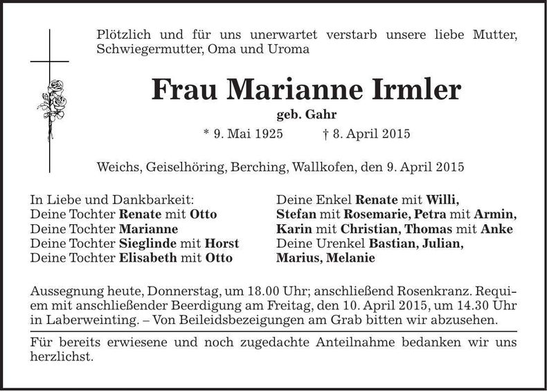 Traueranzeige Marianne Irmler