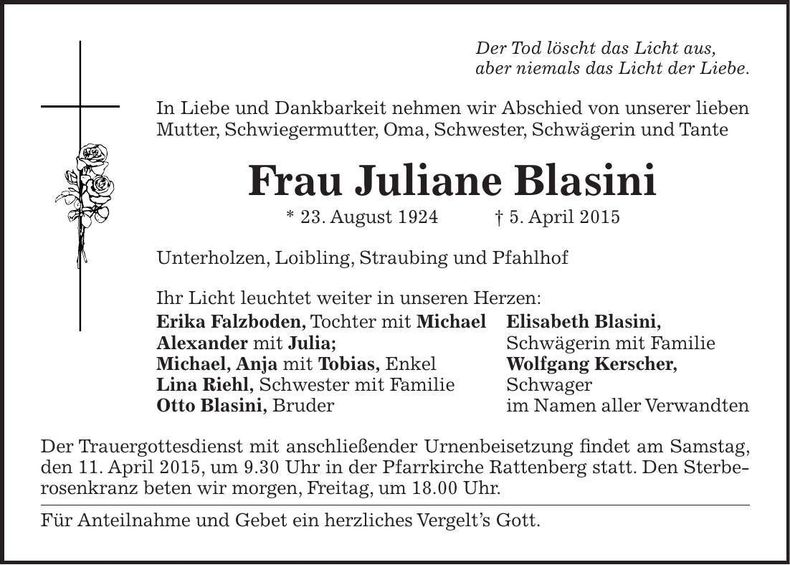 Traueranzeige Juliane Blasini