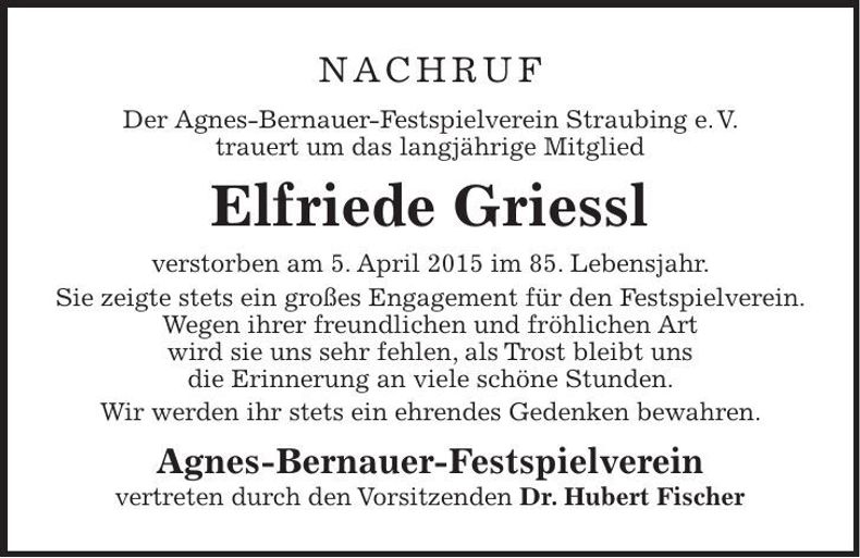 Traueranzeige Elfriede Griessl